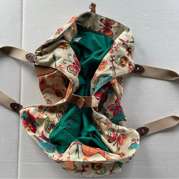 Lucky Brand Large Floral Bird Canvas Hobo Bag Tote Purse Bright Colorful VGUC - Picture 9 of 16